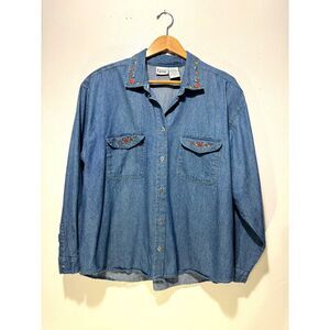 Capacity denon chambray button up shirt VTG floral embroidered cotton women 2X